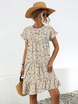 Frill Floral Round Neck Short Sleeve Tiered Dress - Trendsi - Flyclothing LLC