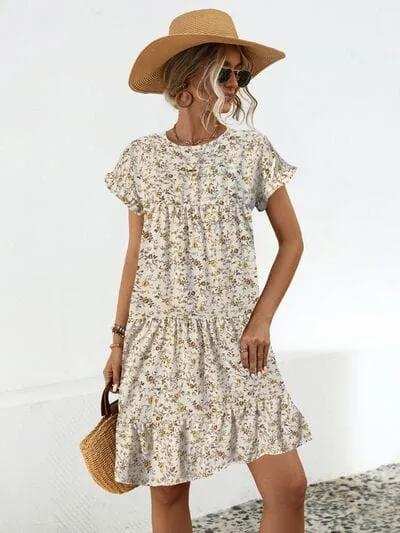 Frill Floral Round Neck Short Sleeve Tiered Dress - Trendsi - Flyclothing LLC