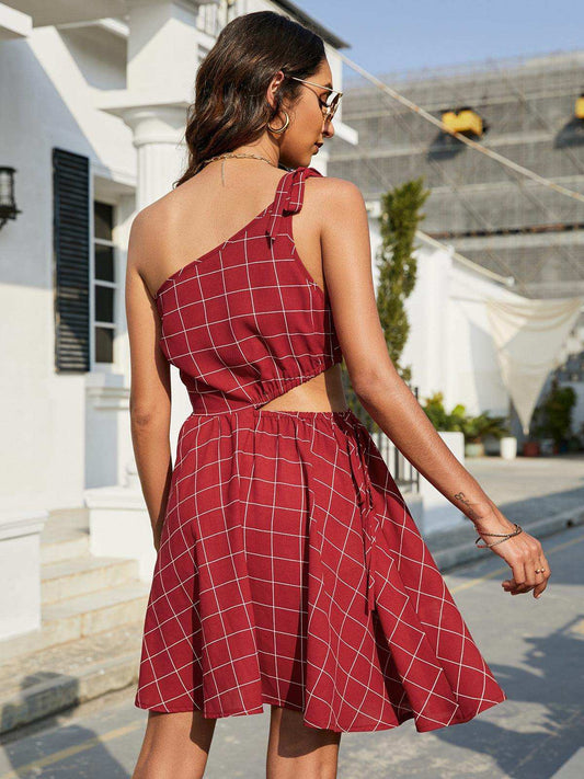 Grid One-Shoulder Tied Cutout Dress - Trendsi - Flyclothing LLC