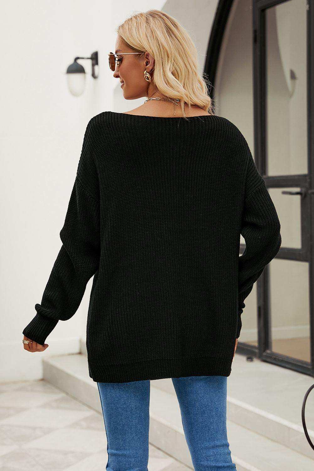 Boat Neck Dropped Shoulder Knit Top - Trendsi - Flyclothing LLC