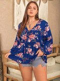 Plus Size Printed Tie Neck Balloon Sleeve Blouse - Trendsi - Flyclothing LLC