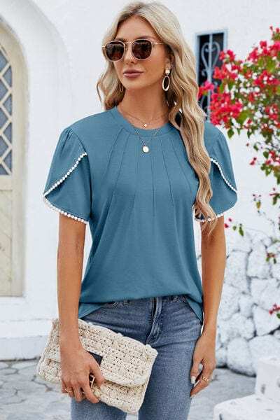 Round Neck Petal Sleeve T-Shirt - Trendsi - Flyclothing LLC