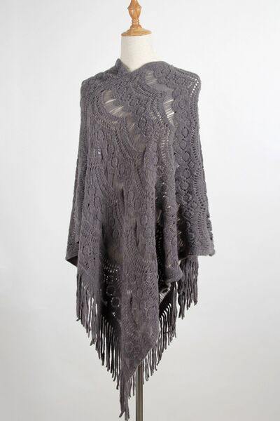 Fringe Openwork Surplice Cape Sleeve Poncho - Trendsi