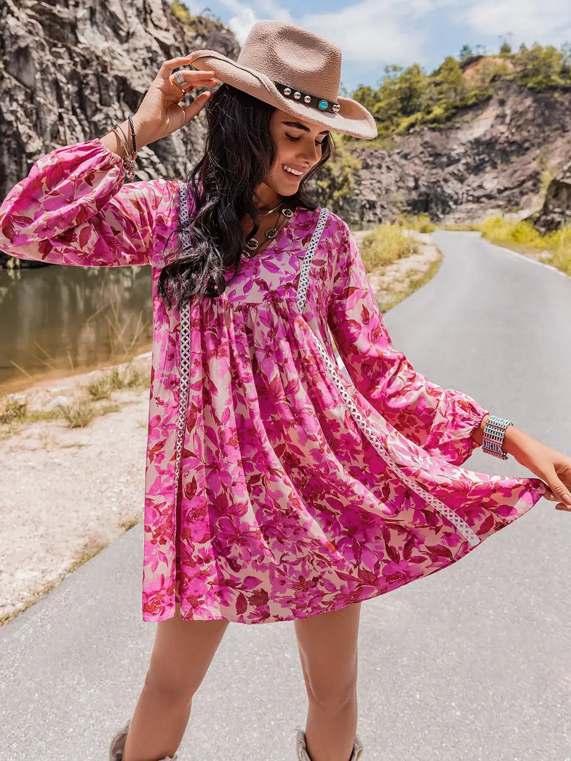 Long Sleeve V-Neck Mini Dress - Trendsi - Flyclothing LLC