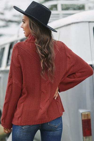 Cable-Knit Turtleneck Dropped Shoulder Sweater - Trendsi - Flyclothing LLC