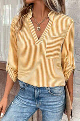 Striped Notched Roll-Tab Sleeve Shirt - Trendsi - Flyclothing LLC