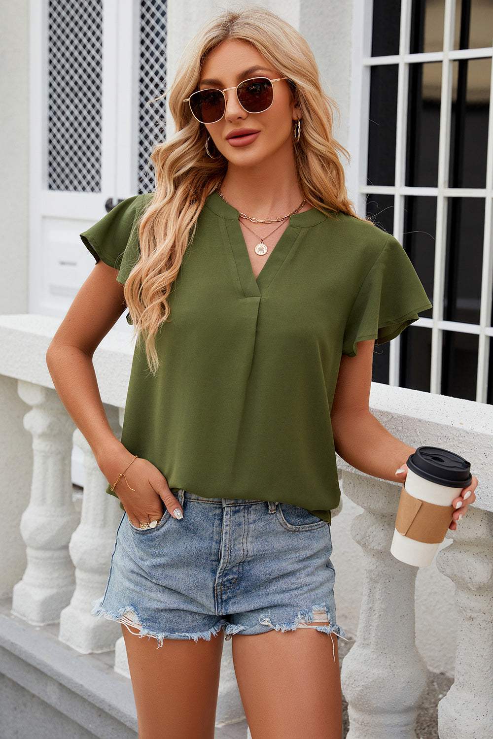 Notched Cap Sleeve T-Shirt - Trendsi - Flyclothing LLC