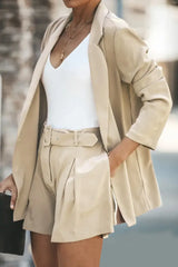 Longline Blazer and Shorts Set with Pockets - Trendsi - Flyclothing LLC
