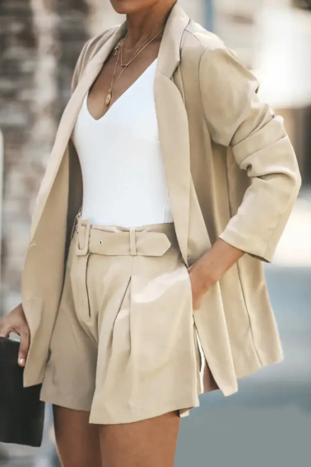 Longline Blazer and Shorts Set with Pockets - Trendsi - Flyclothing LLC