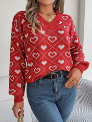 Heart Pattern V-Neck Long Sleeve Sweater - Trendsi