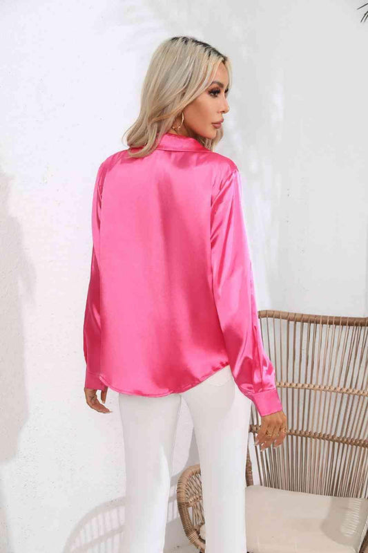 Lapel Collar Button Up Long Sleeve Shirt - Trendsi