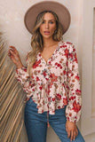 Floral V-Neck Drawstring Peplum Blouse - Trendsi - Flyclothing LLC