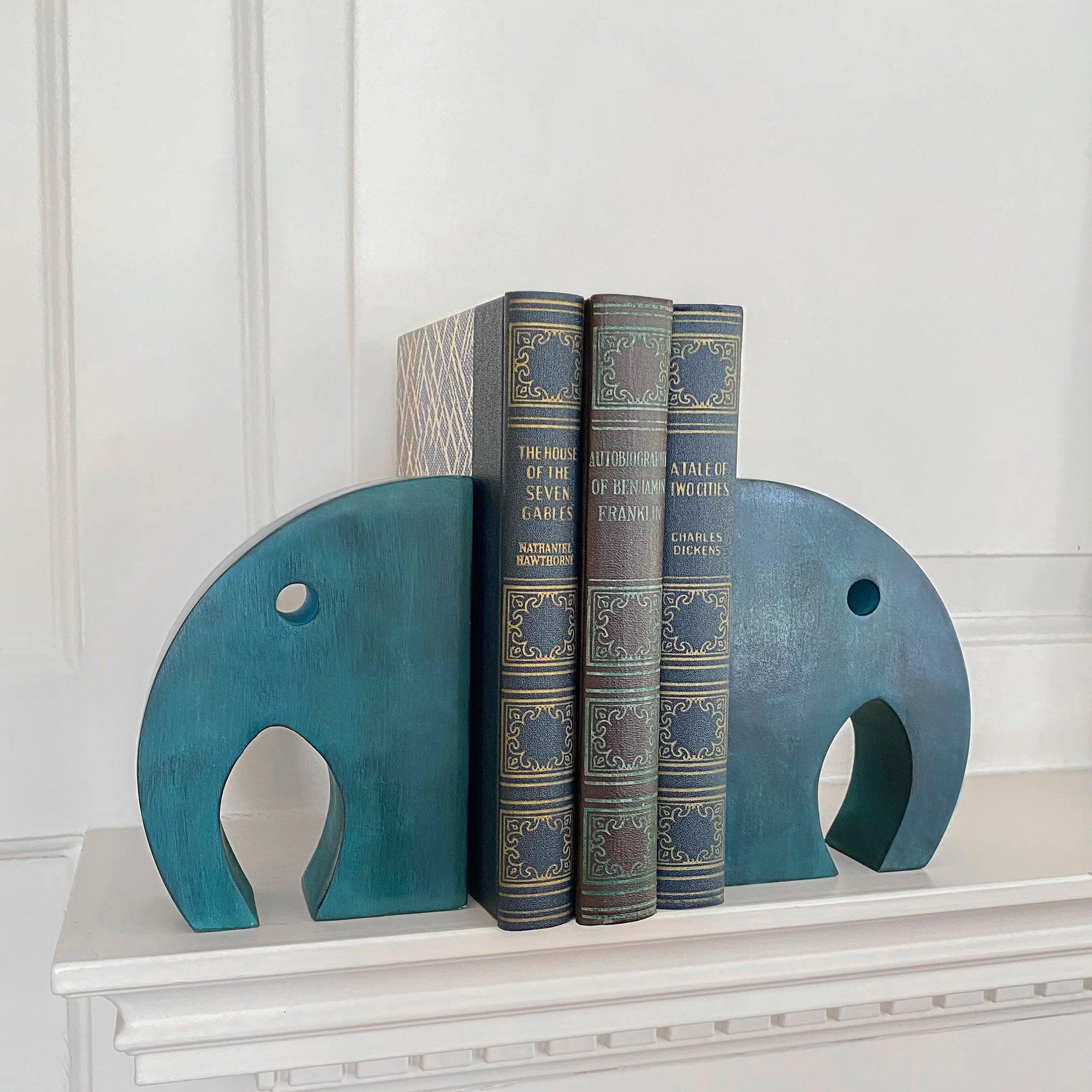 Teal Elephant Book Ends, Carved Gorara Soapstone - Flyclothing LLC