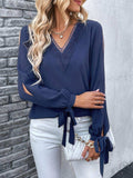 V-Neck Tie Cuff Slit Blouse - Trendsi - Flyclothing LLC