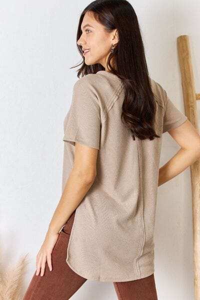 Zenana Baby Waffle Short Sleeve Slit High-Low T-Shirt - Trendsi - Flyclothing LLC