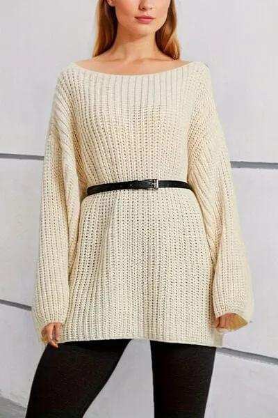 Boat Neck Dropped Shoulder Mini Sweater Dress - Trendsi - Flyclothing LLC