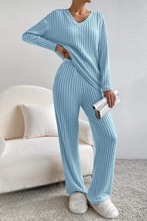 Ribbed V-Neck Top and Pants Set - Trendsi - Flyclothing LLC