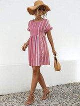 Striped Polka Dot Frill Short Sleeve Mini Dress - Trendsi - Flyclothing LLC
