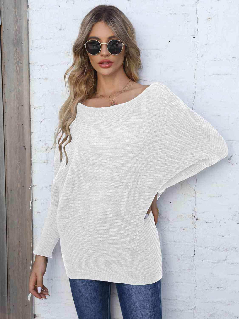 Full Size Horizontal Ribbing Dolman Sleeve Sweater - Trendsi - Flyclothing LLC