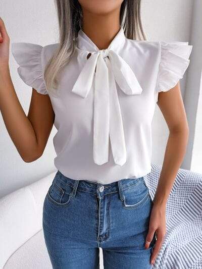 Tie Neck Cap Sleeve Blouse - Trendsi - Flyclothing LLC