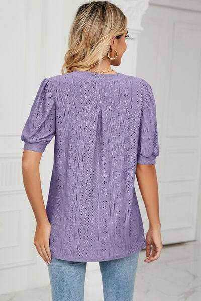 Eyelet Notched Short Sleeve T-Shirt - Trendsi - Flyclothing LLC