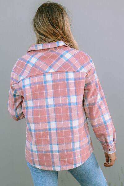 Plaid Pocketed Collared Neck Button Up Jacket - Trendsi - Flyclothing LLC