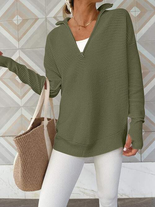 Half Zip Long Sleeve Knit Top - Trendsi - Flyclothing LLC