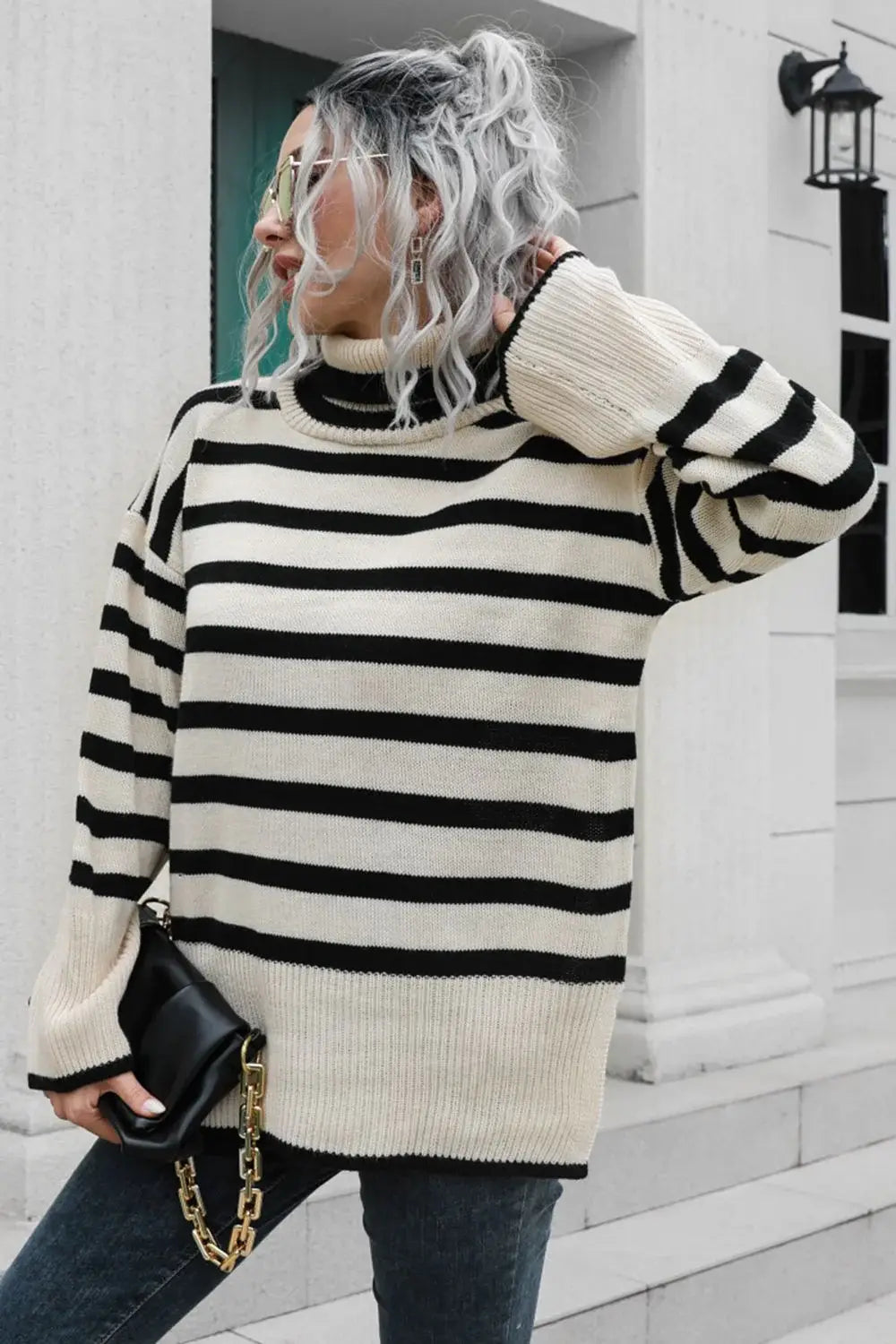 Striped Turtleneck Drop Shoulder Sweater - Trendsi - Flyclothing LLC