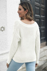 Cable-Knit V-Neck Sweater - Trendsi