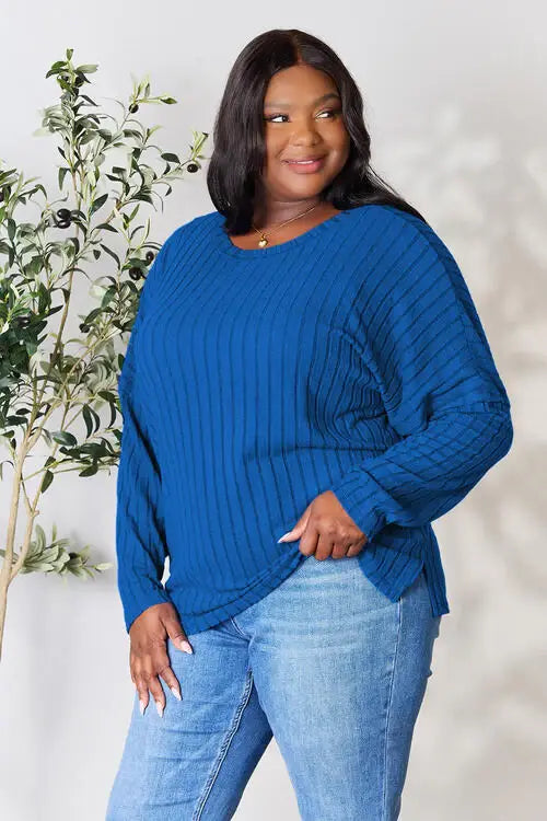 Basic Bae Full Size Ribbed Round Neck Slit T-Shirt - Trendsi - Flyclothing LLC