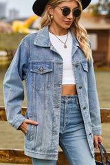Buttoned Collared Neck Denim Jacket with Pockets - Trendsi - Flyclothing LLC