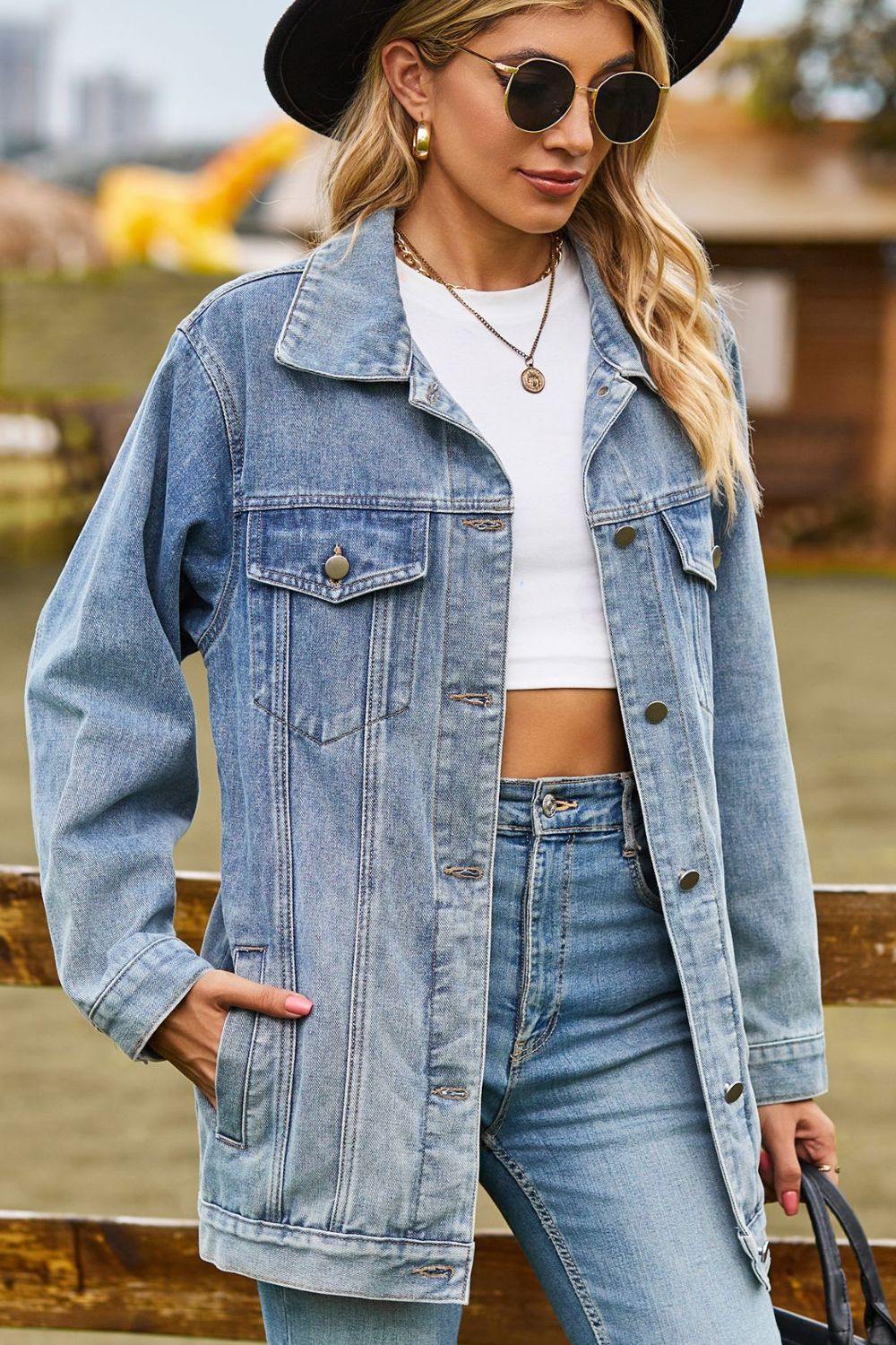 Buttoned Collared Neck Denim Jacket with Pockets - Trendsi