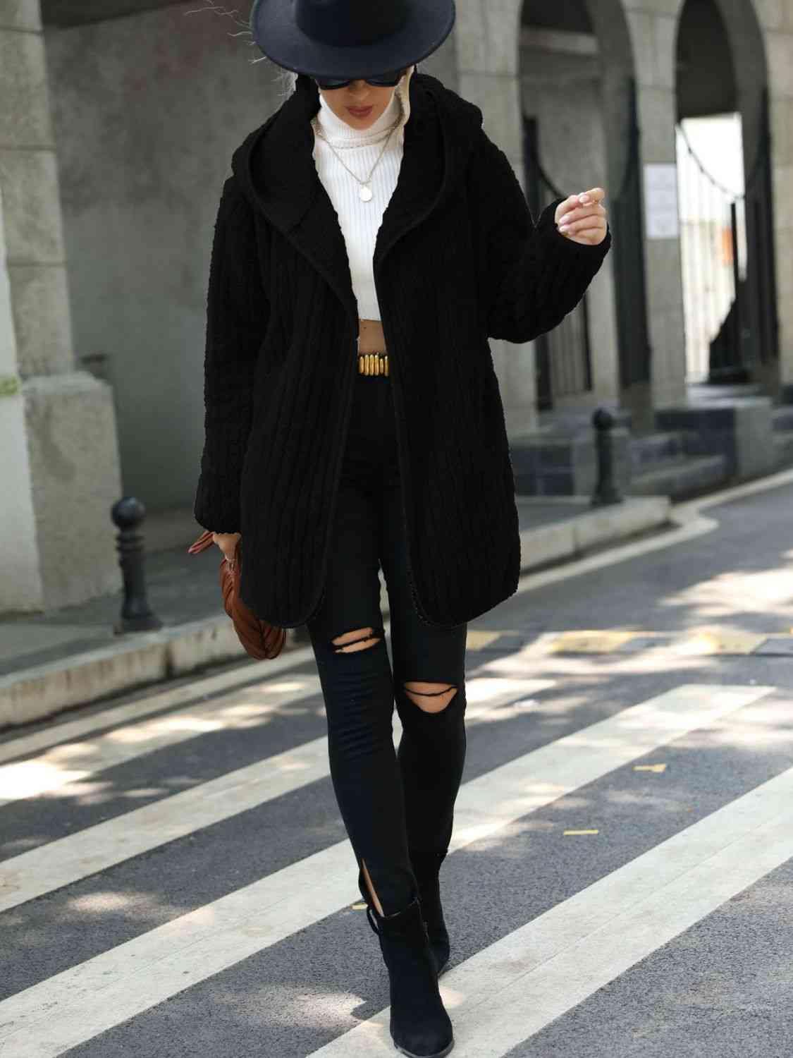 Open Front Ribbed Hooded Coat - Trendsi