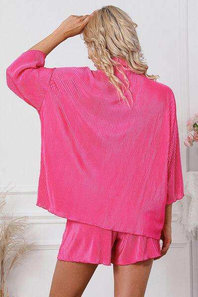 Pleated Button Up Shirt and Shorts Lounge Set - Trendsi - Flyclothing LLC