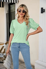Eyelet Puff Sleeve V-Neck Top - Trendsi - Flyclothing LLC