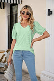 Eyelet Puff Sleeve V-Neck Top - Trendsi - Flyclothing LLC