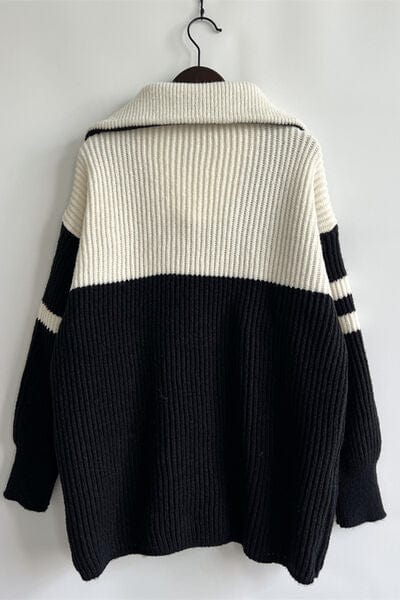 Quarter Zip Striped Dropped Shoulder Sweater - Trendsi