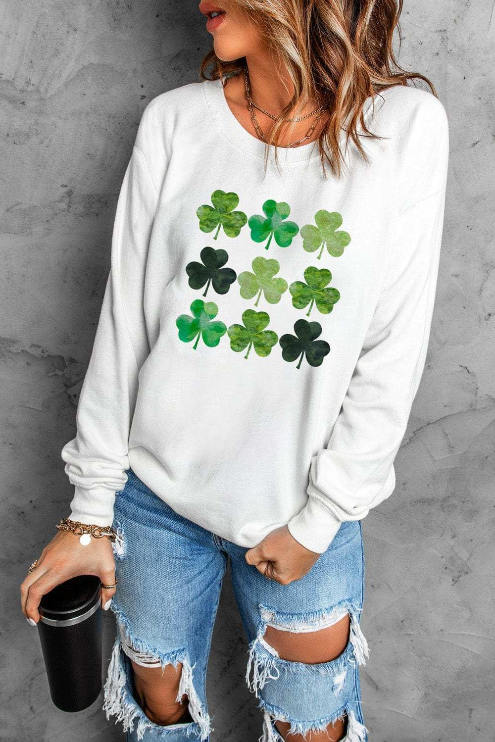 Lucky Clover Round Neck Dropped Shoulder Sweatshirt - Trendsi - Flyclothing LLC