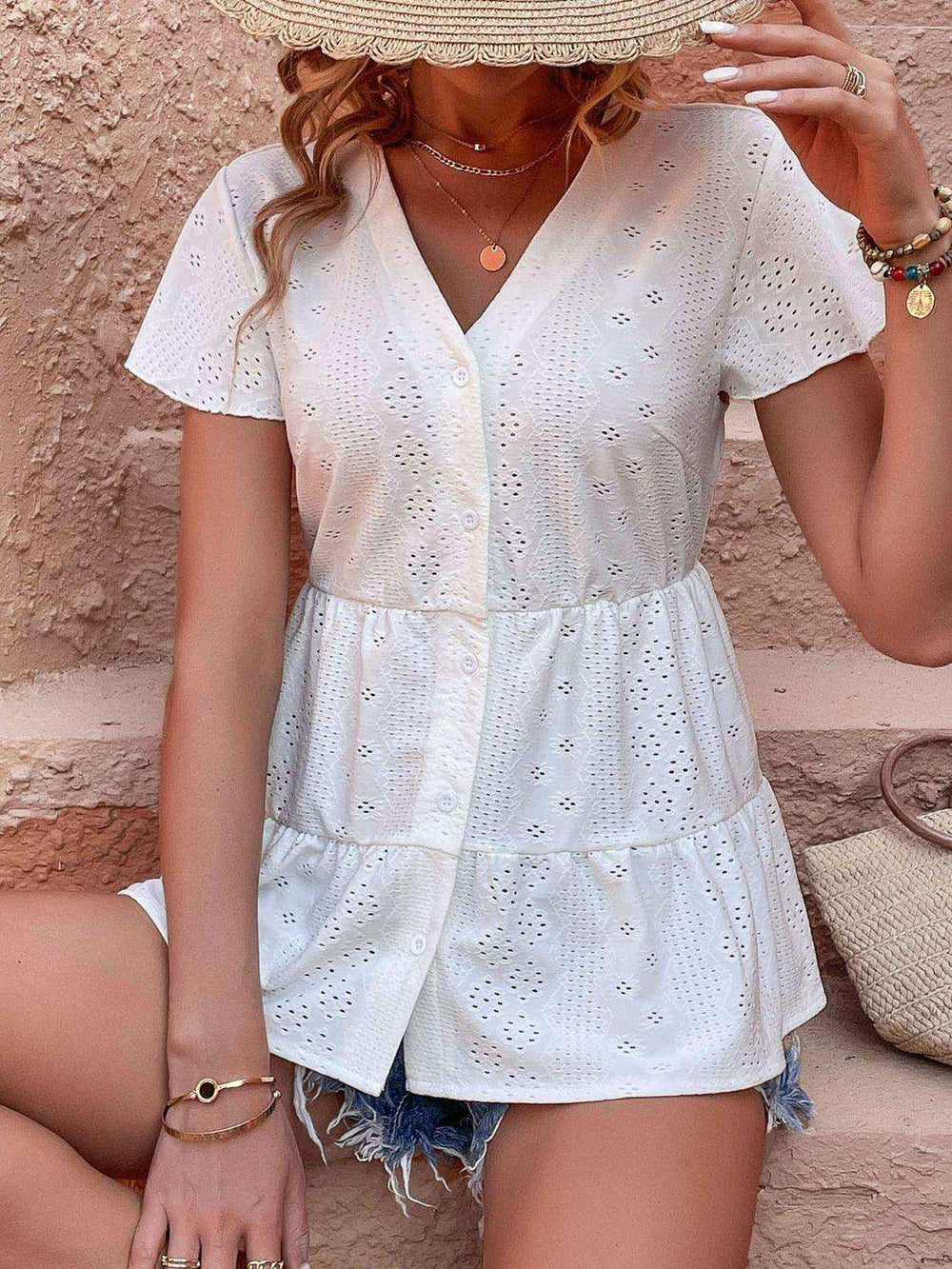Button Front Eyelet Flutter Sleeve Tiered Blouse - Trendsi - Flyclothing LLC