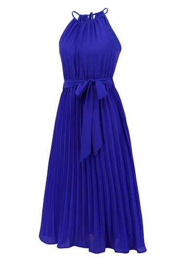 Pleated Spaghetti Strap Tie Waist Midi Dress - Trendsi