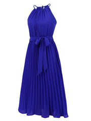Pleated Spaghetti Strap Tie Waist Midi Dress - Trendsi