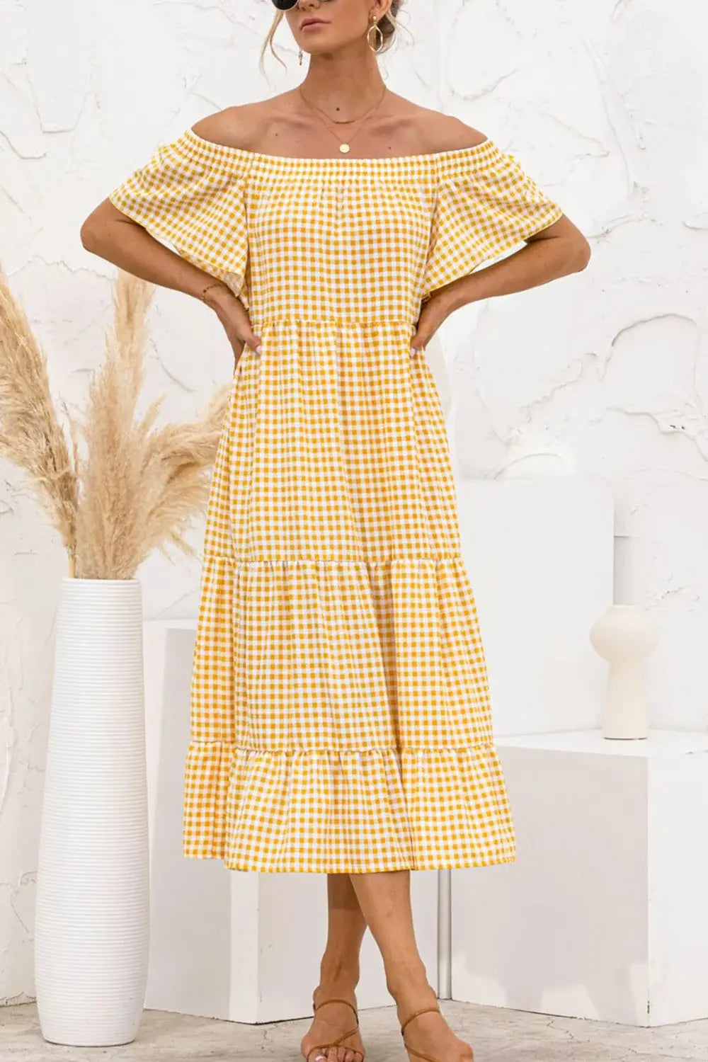 Plaid Off-Shoulder Tiered Midi Dress - Trendsi - Flyclothing LLC