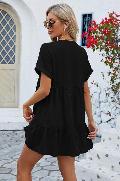 Ruched Tiered V-Neck Short Sleeve Mini Dress - Trendsi - Flyclothing LLC
