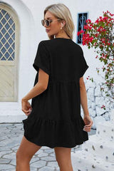 Ruched Tiered V-Neck Short Sleeve Mini Dress - Trendsi - Flyclothing LLC