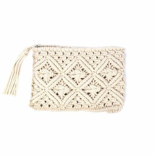 Macrame Clutch with Tassel, Cream - Flyclothing LLC