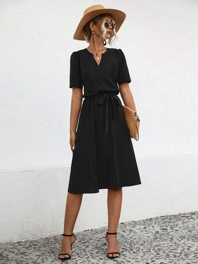 Tied Notched Short Sleeve Dress - Trendsi - Flyclothing LLC