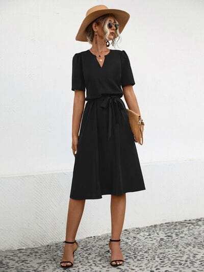 Tied Notched Short Sleeve Dress - Trendsi - Flyclothing LLC