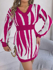 Animal Print V-Neck Long Sleeve Sweater Dress - Trendsi