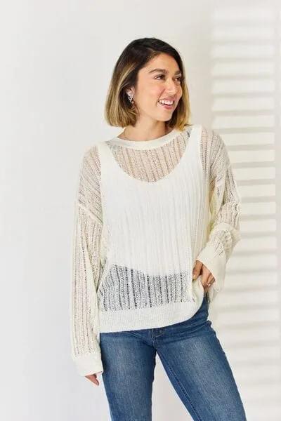 HYFVE Openwork Ribbed Trim Long Sleeve Knit Top - Trendsi