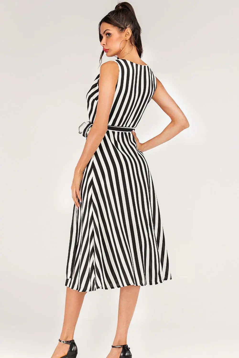 Striped Surplice Tied Sleeveless Dress - Trendsi - Flyclothing LLC